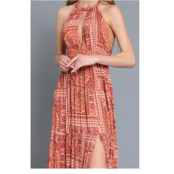Aakaa Brick Twist Tie Back Tiered Bohemian Maxi Dress DA28082Y - Picture 11 of 12